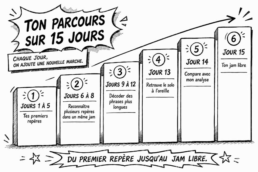 Ton parcours sur 15 jours : du premier repère jusqu'au jam libre